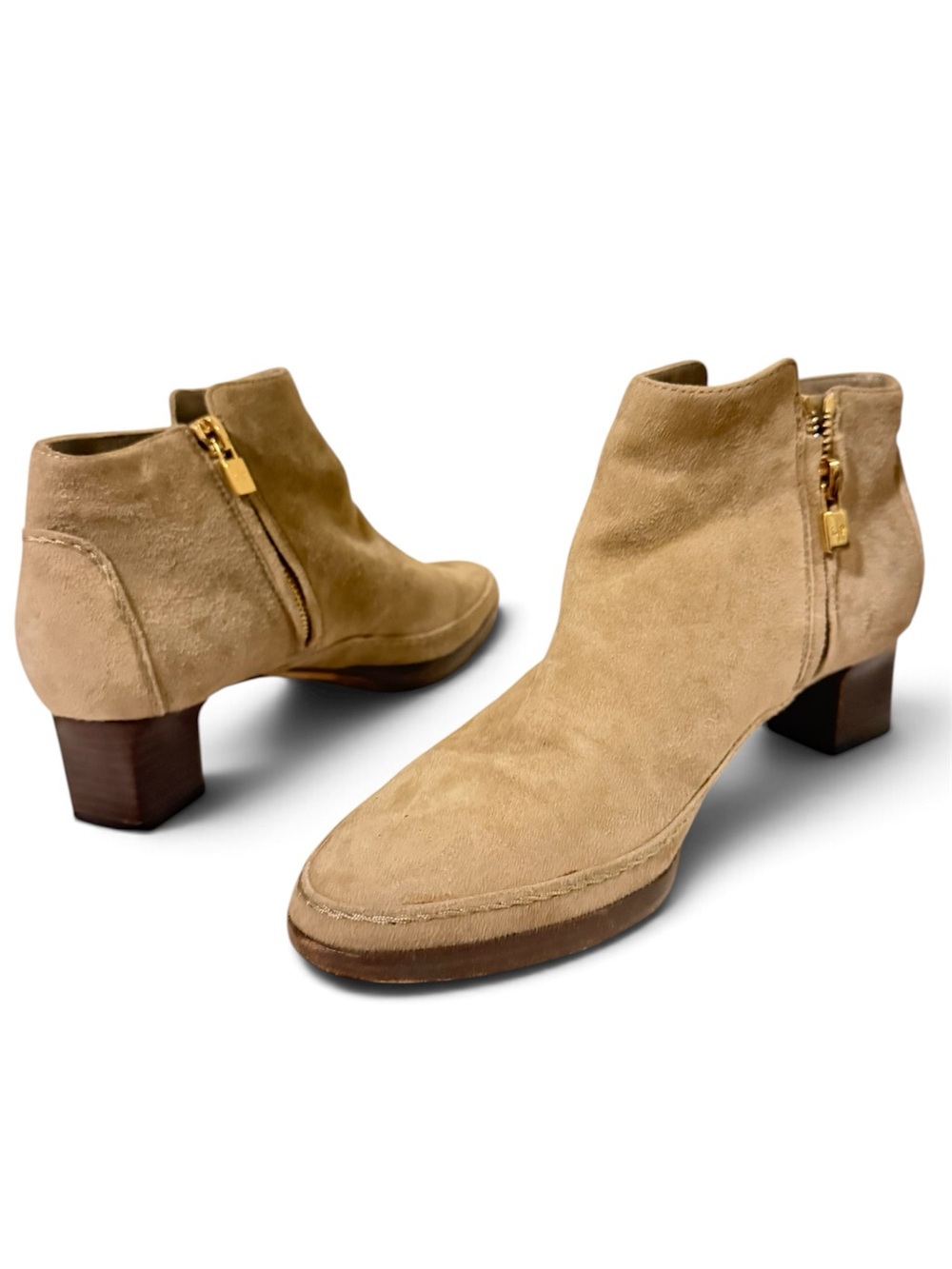 Loro Piana Tan Suede Ankle Booties with Gold Zip